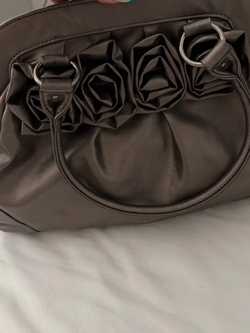 Women's Grey Leather Tote Bag with Rosette Detail